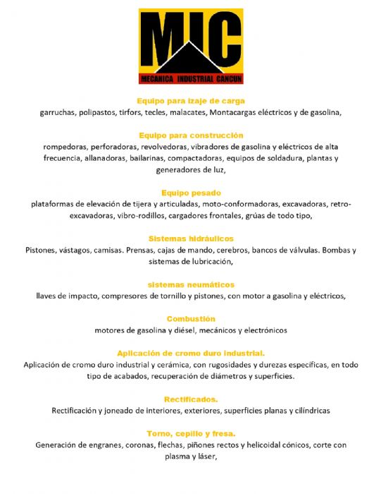 REPARACION DE SISTEMAS HIDRAULICOS, NEUMATICOS, ELECTRICOS, GASOLINA Y DISEL MONTACARGAS, PLATAFORMAS ARTICULADAS, RETRO ESCAVADORAS, COMPRESORES, POLIPASTOS, GENERADORES, REVOLVEDORAS, VIBRADORES, BAILARINAS, ENGRASADORAS, PISTONES, BOMBAS, BANCOS DE VAL